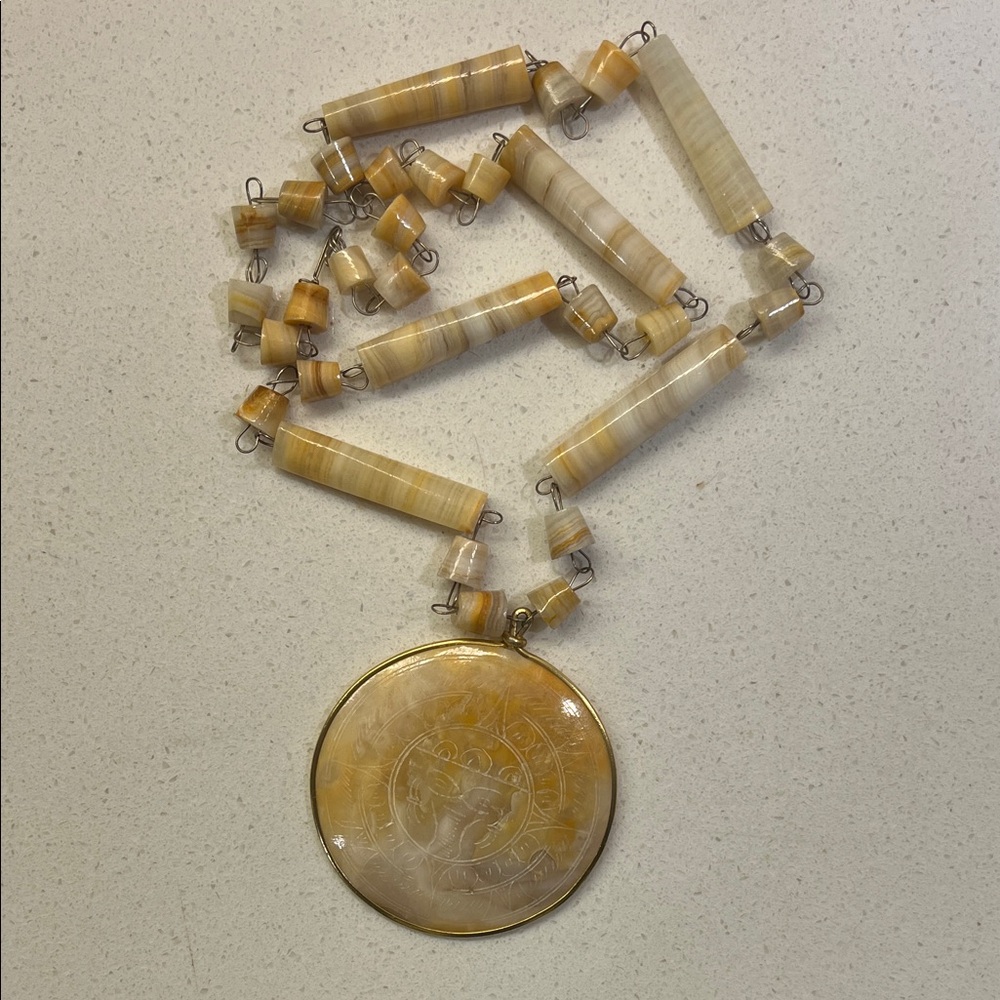 Vintage agate and shell beaded engraved Mexican statement necklace